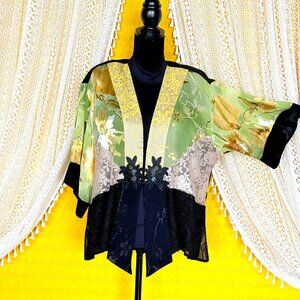VTG Y2k Sheer Silk Green & Gold Floral Asian Kimono Blouse Size XL Spencer Alexi